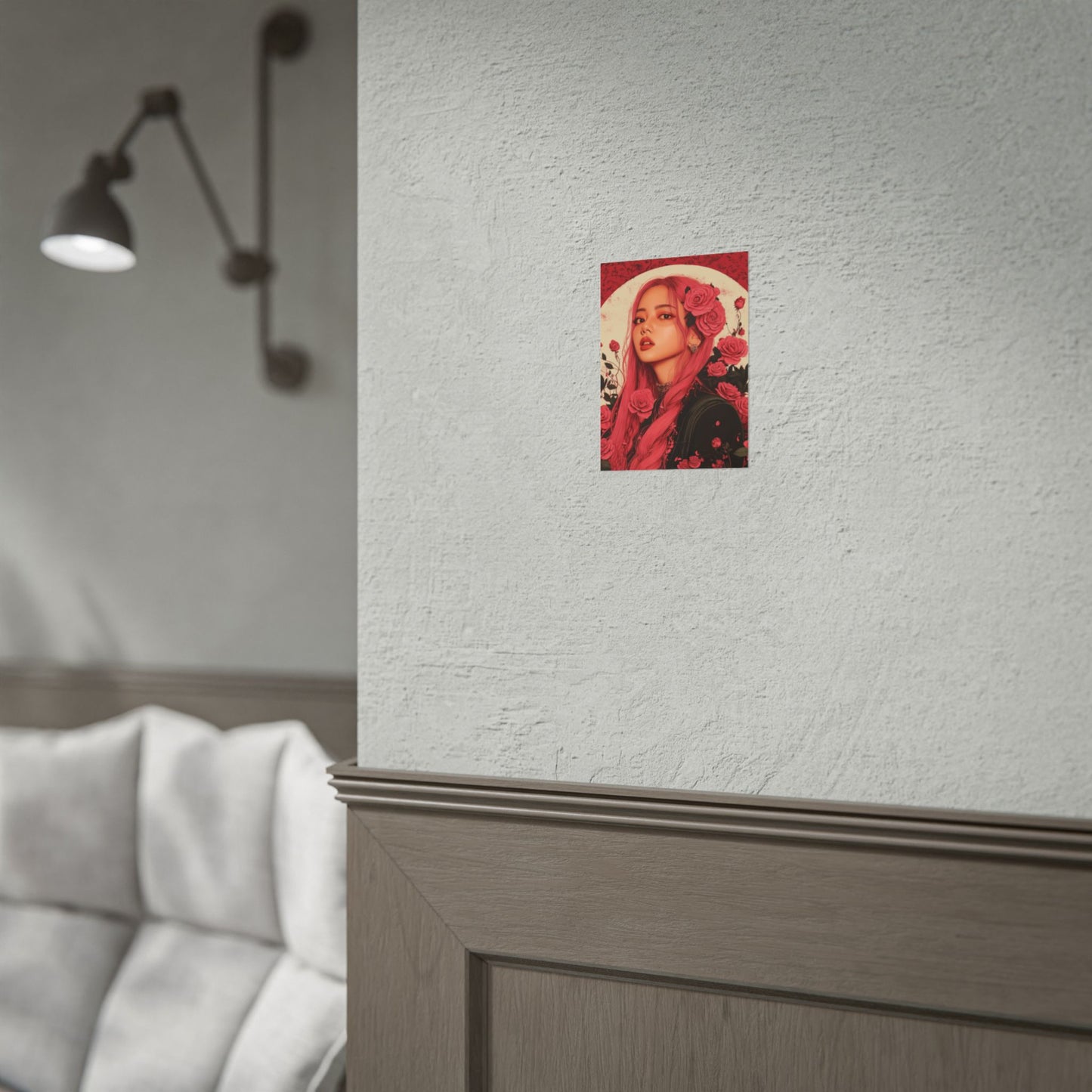 The poster displayed in a modern room setting, highlighting its vivid floral design and artistic elegance.