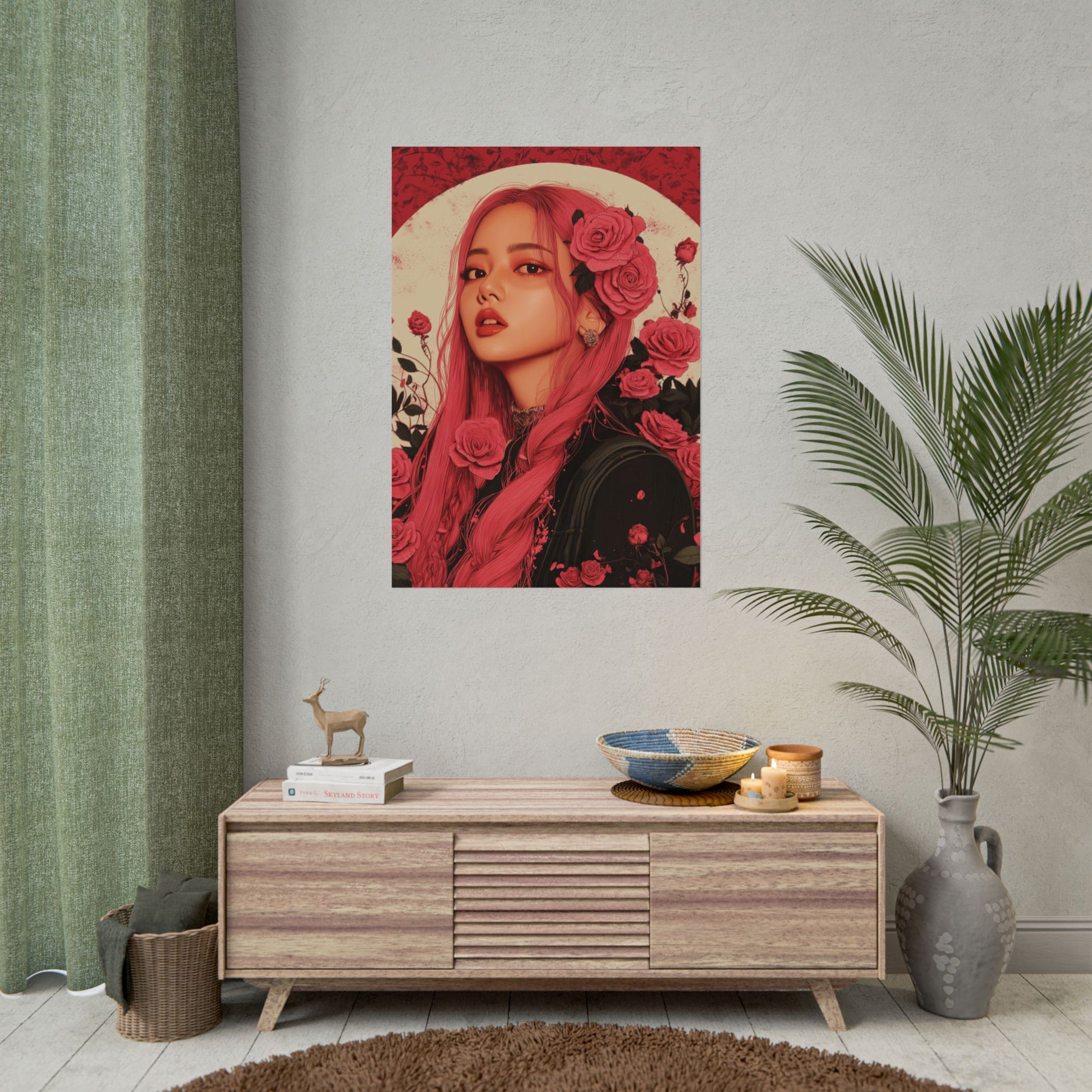 The poster displayed in a modern room setting, highlighting its vivid floral design and artistic elegance.