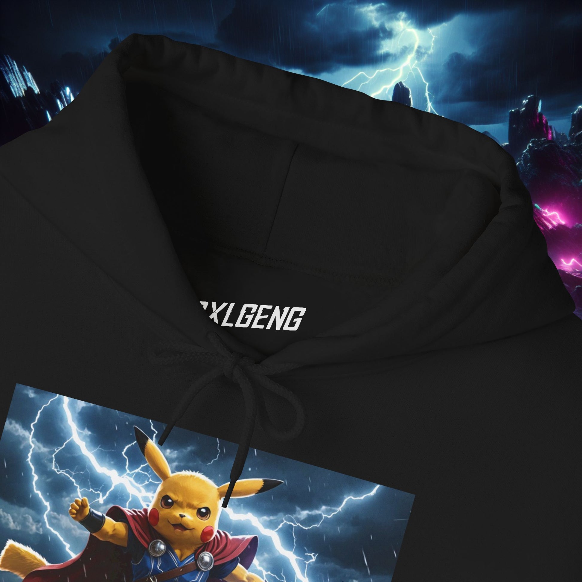 Close-Up of Pika God of Thunder Hoodie Design | Anime and Video Game-Inspired Apparel