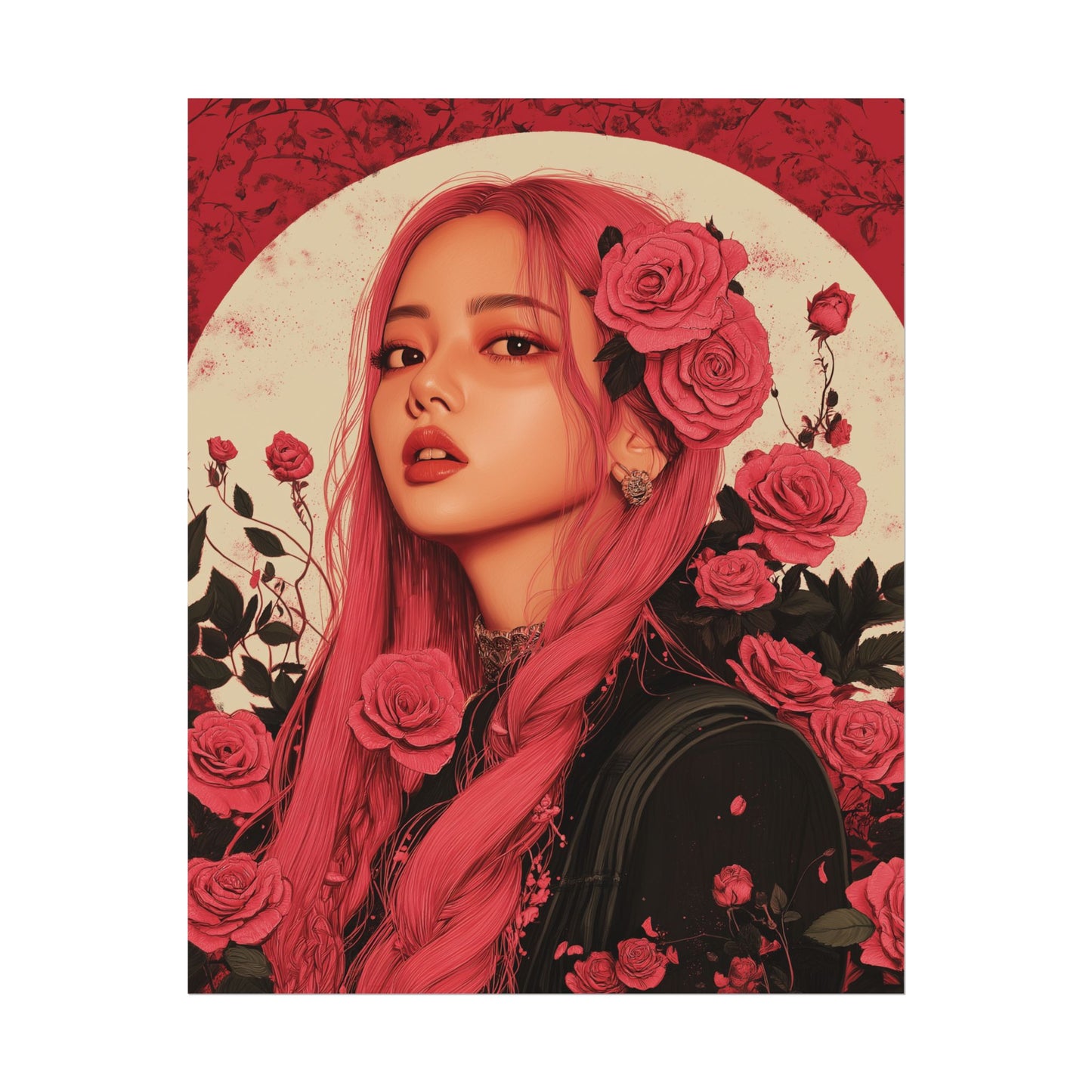 A detailed hand-drawn poster featuring Rosé from BLACKPINK surrounded by vibrant red roses and a bold circular backdrop.