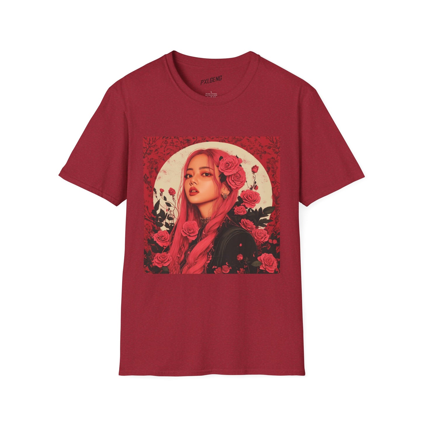 A unisex t-shirt featuring Rosé from BLACKPINK in a hand-drawn floral design, shown on a white background.