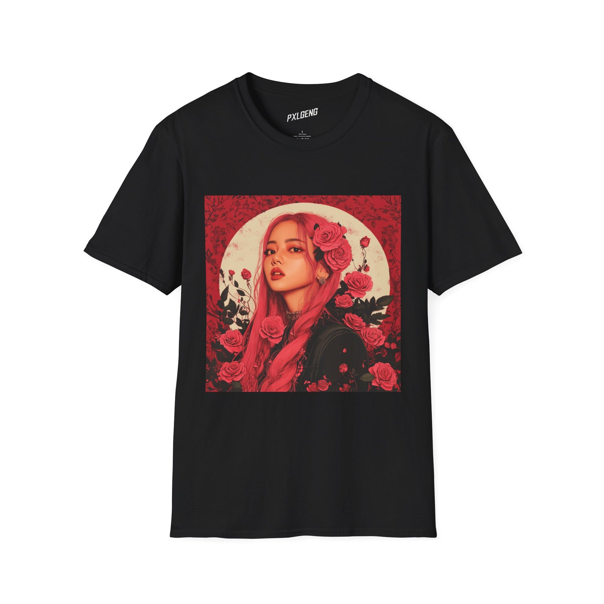 A unisex t-shirt featuring Rosé from BLACKPINK in a hand-drawn floral design, shown on a white background.