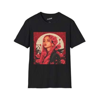 A unisex t-shirt featuring Rosé from BLACKPINK in a hand-drawn floral design, shown on a white background.