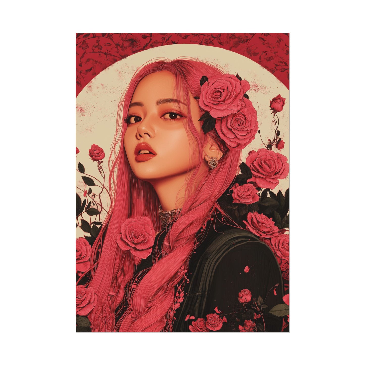 A detailed hand-drawn poster featuring Rosé from BLACKPINK surrounded by vibrant red roses and a bold circular backdrop.