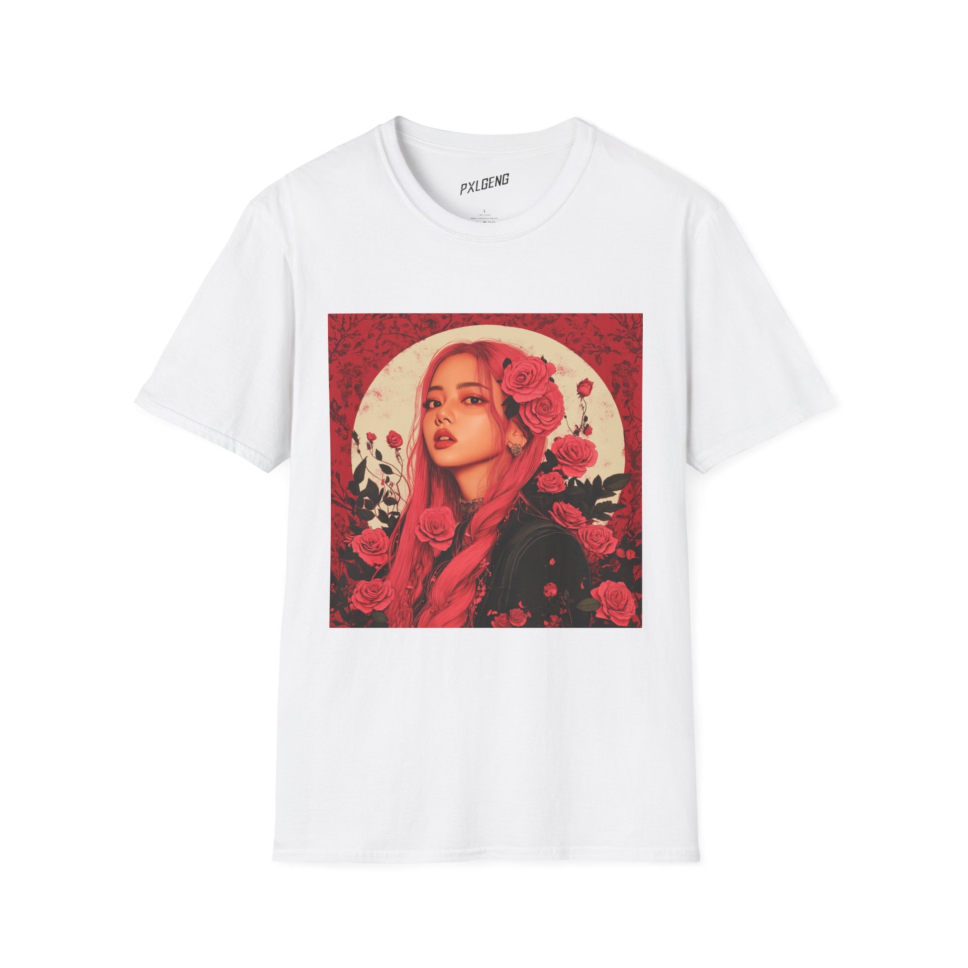 A unisex t-shirt featuring Rosé from BLACKPINK in a hand-drawn floral design, shown on a white background.